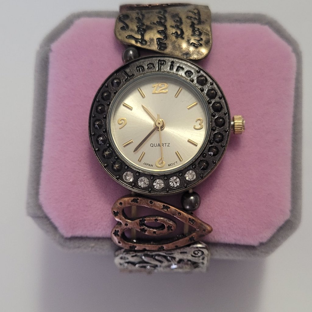 Heart Bracelet Watch Gold Silver Copper Tones Stretch Band Womens